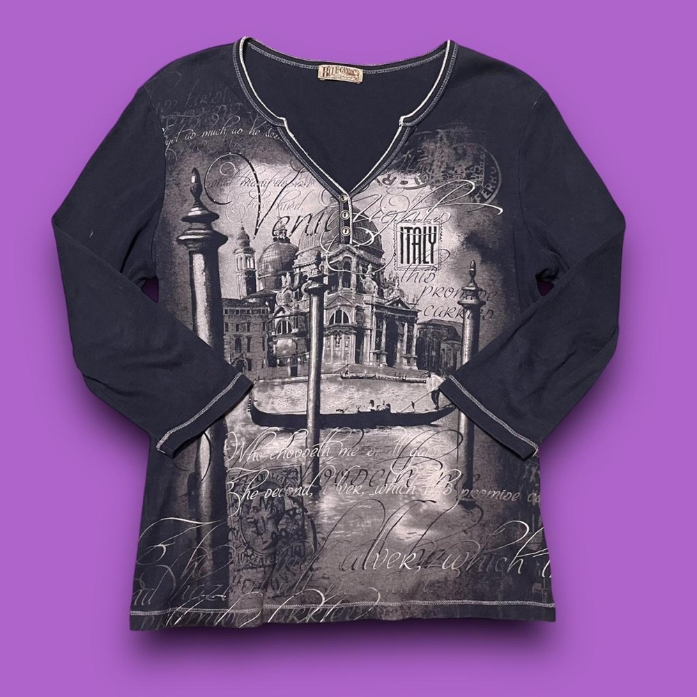 Y2K Venice Italy Rhinestone Graphic Henley Top Size XL Downtown Girl Euro Summer